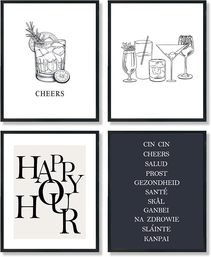 ULEGIE Bar Art Wall Decor, Black and White Minimalist Happy Hour Cheers Wall Art Decor Set of 4, Bar Cart Decor, Bar Posters for Home Lounge Bar Club Kitchen, 8x10 Inch Set of 4 Unframed