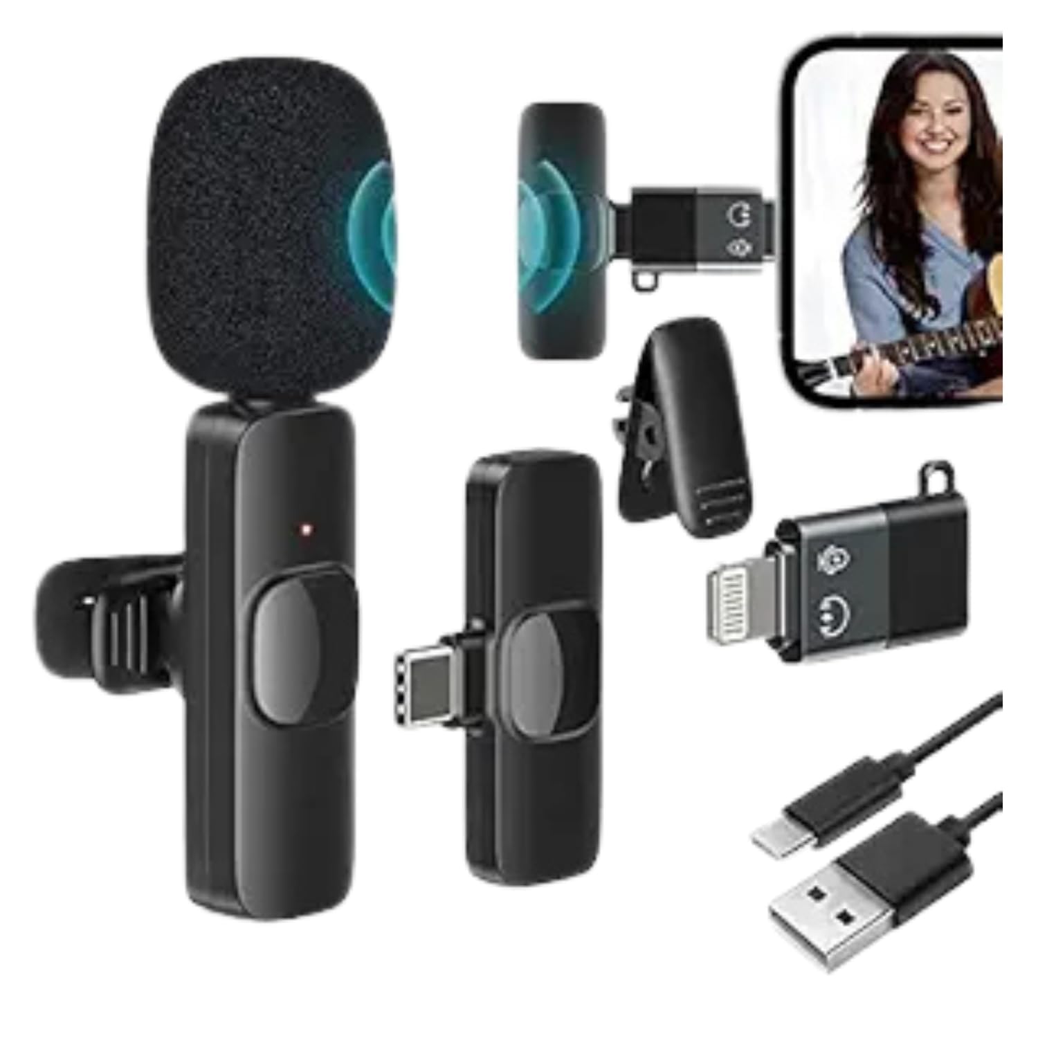 HM WORLD 2.4GHz 2 in 1 K8 Wireless Microphone, Digital Mini Portable Recording Clip Mic with Receiver for All Type-C Lightning Mobile Phones Camera Laptop for Vlogging-image-26