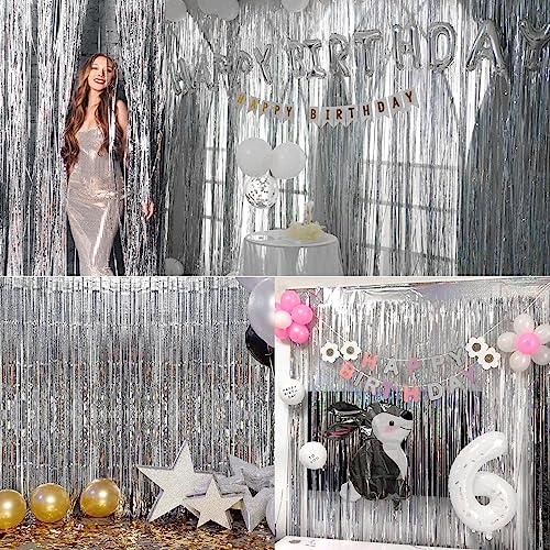 Image of 4 Pack Silver Fringe Backdrop 12.8x8.2 Ft Sparkle Metallic Tinsel Foil Fringe Curtain, Silver Tinsel Backdrop Curtain Door Streamers for Birthday Bachelorette Graduation Christmas Party Decorations