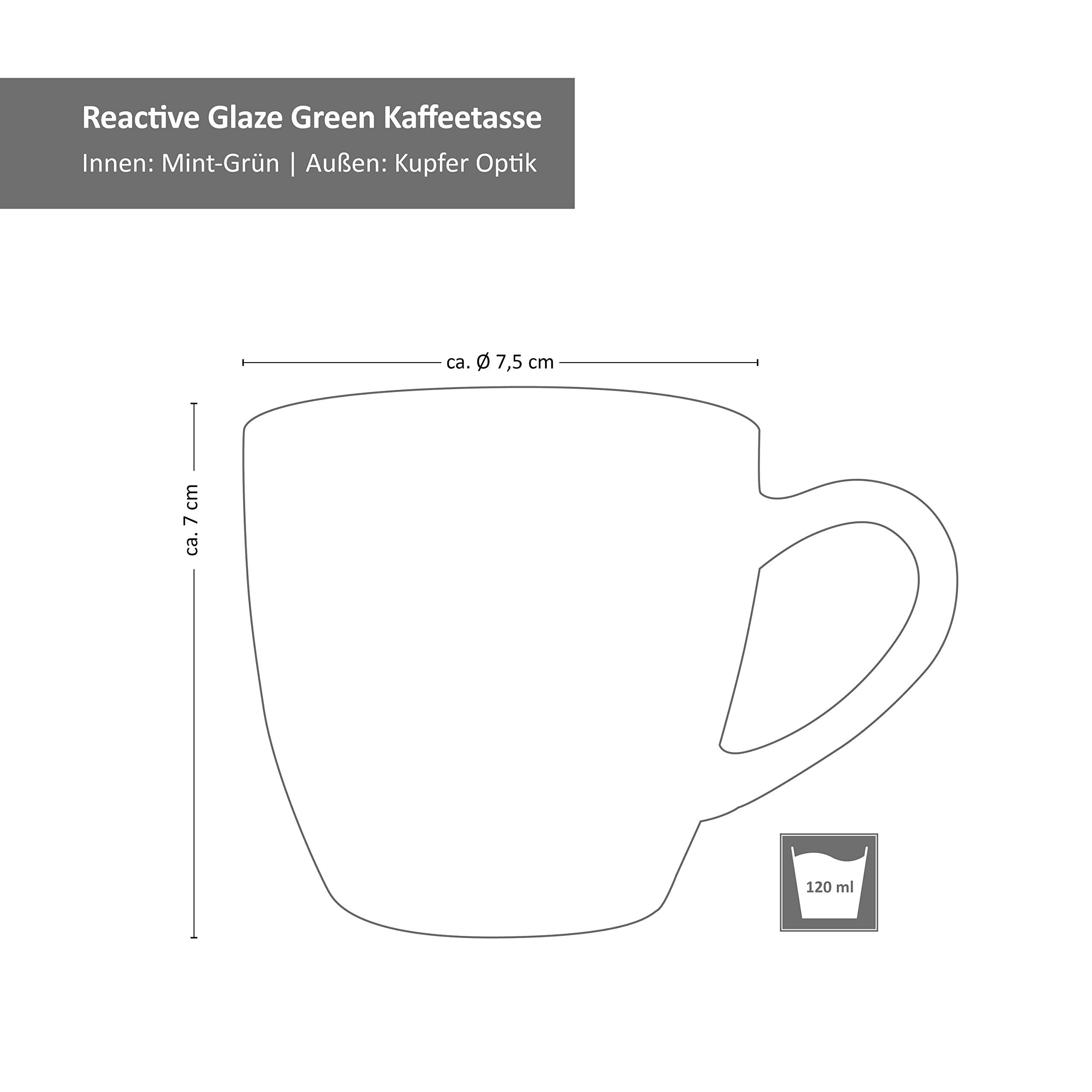 MamboCat Reactive Glaze Green 18tlg. Kaffeeservice I 6 Personen I Mintfarbenes handgefertigtes Geschirr-Set mit Kupfer-Optik I Je 6x Kaffeetasse, Untertasse & Kuchenteller I Steingut