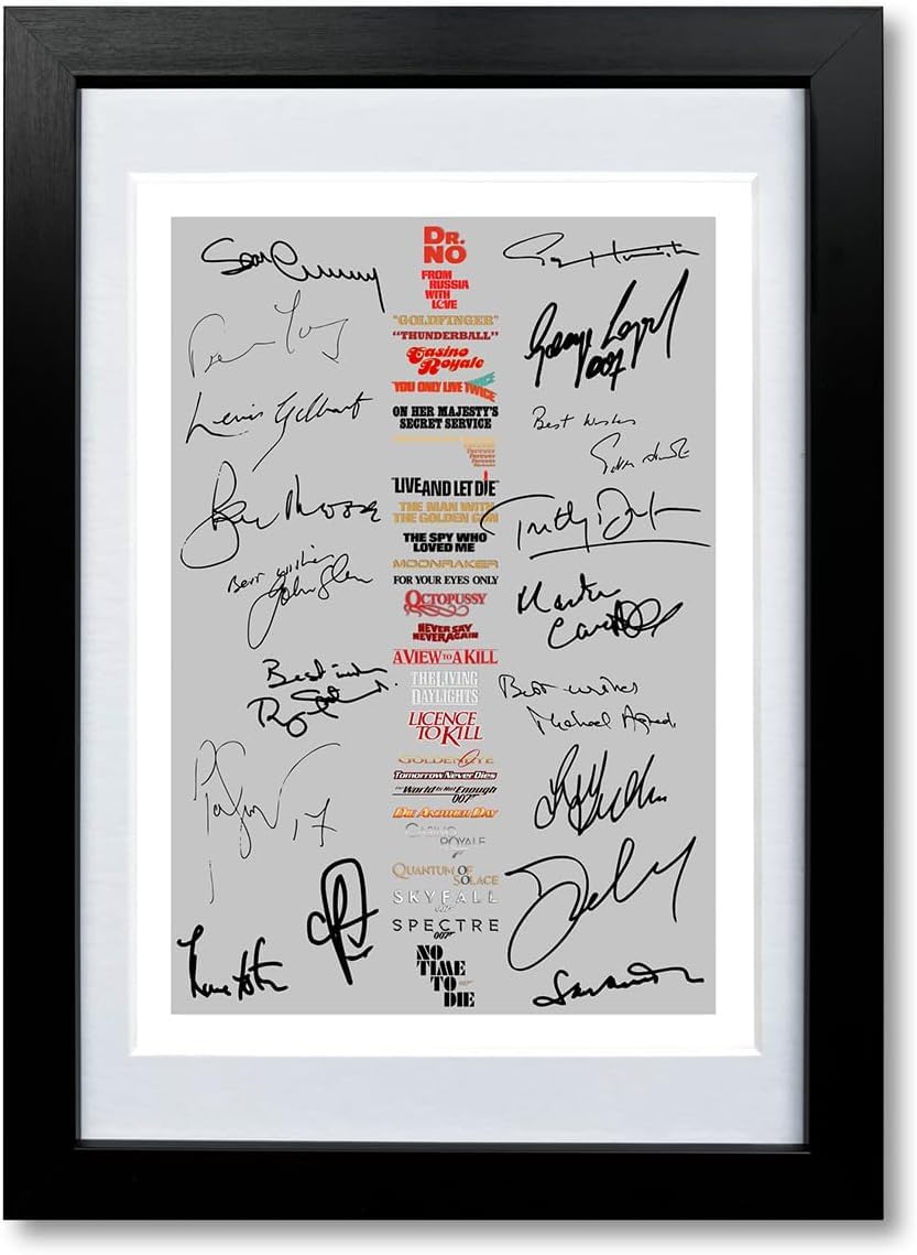 James Bond 007 all Actors and Directors Cast Signed A4 Poster Photo Print Framed Autograph Gift Movie Film Sean Connery Roger Moore Daniel Craig (A4 Black Framed & Mounted)