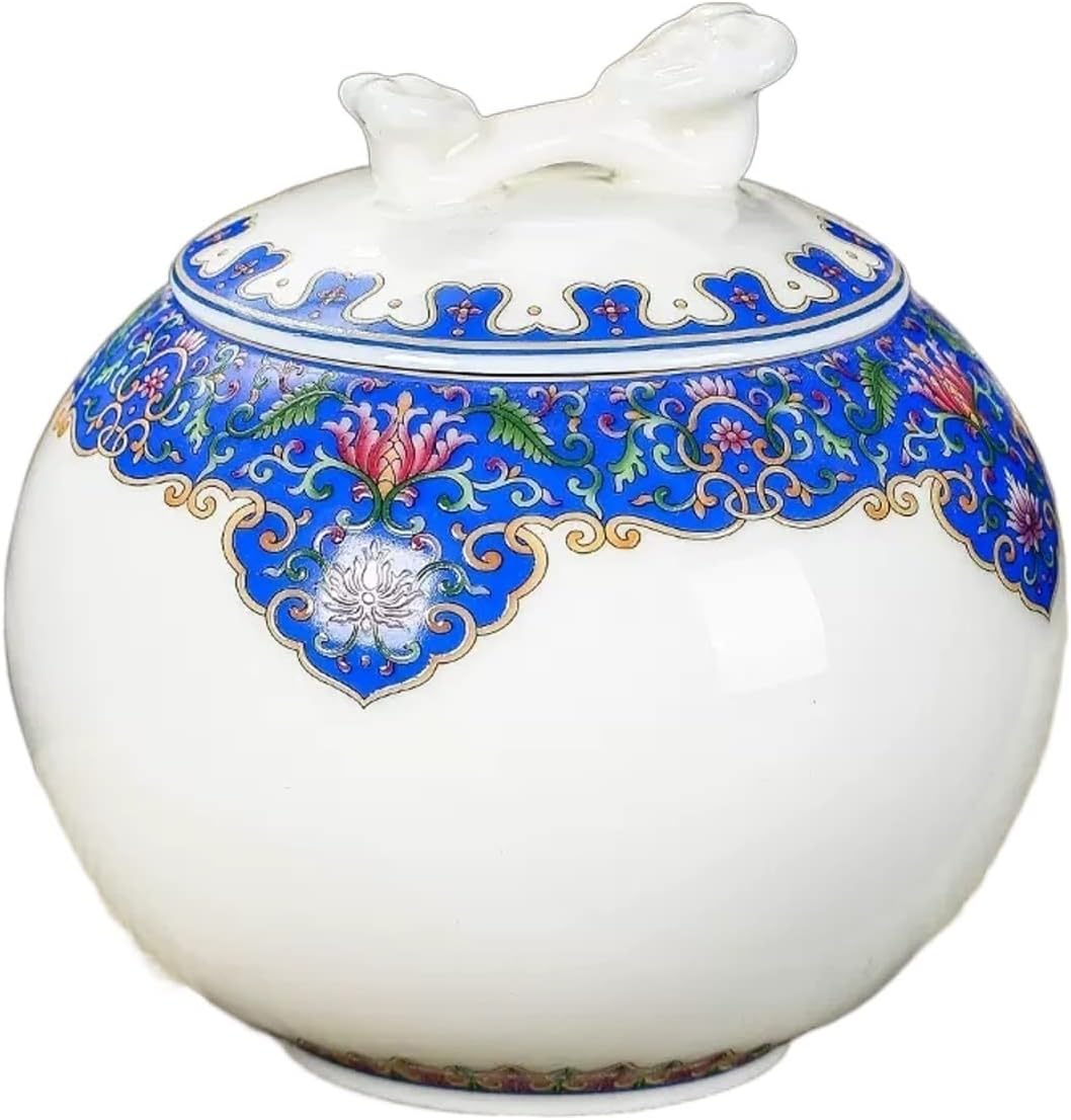 Tea Tin Porcelain Tea Canister for Loose, Airtight Dehua Sheep Fat Jade White Caddy, Enamel Sealed Storage Tank 900 ML Container(Blue)