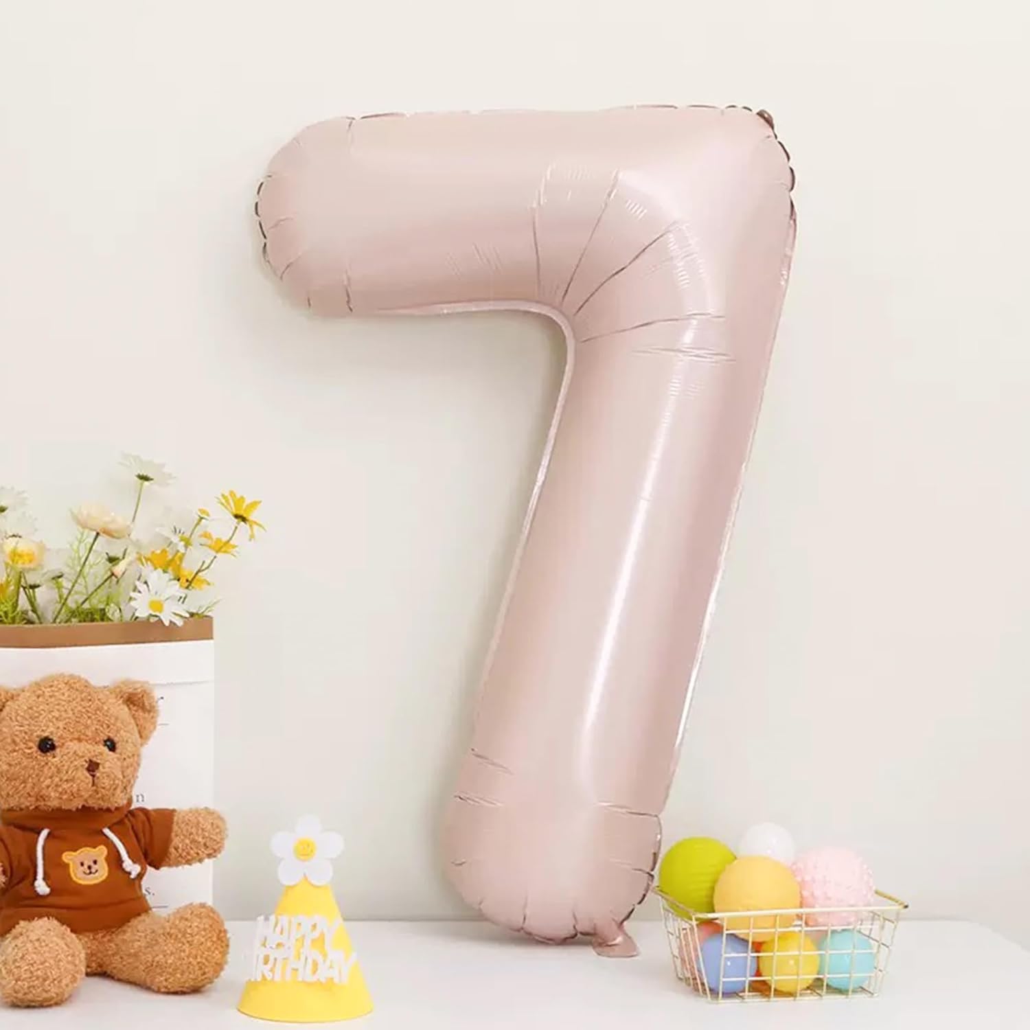 LilyZheng Pastel Pink Number 7 Foil Balloon Set with Gold Crown, Bow, Pink and Cream Heart Balloons for Girls 7th Birthday Party Decorations - Image 4