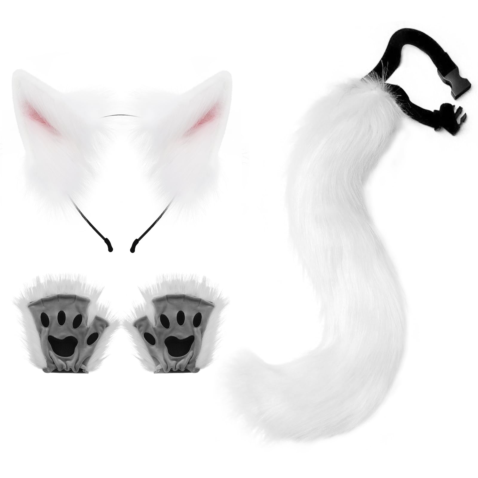 Faux Fur Wolf Ears Headband Plush Tail Gloves Costume Accessory Set Faux Fur Cat Wolf Fox Costume Accessories Ear Headband  main image 3