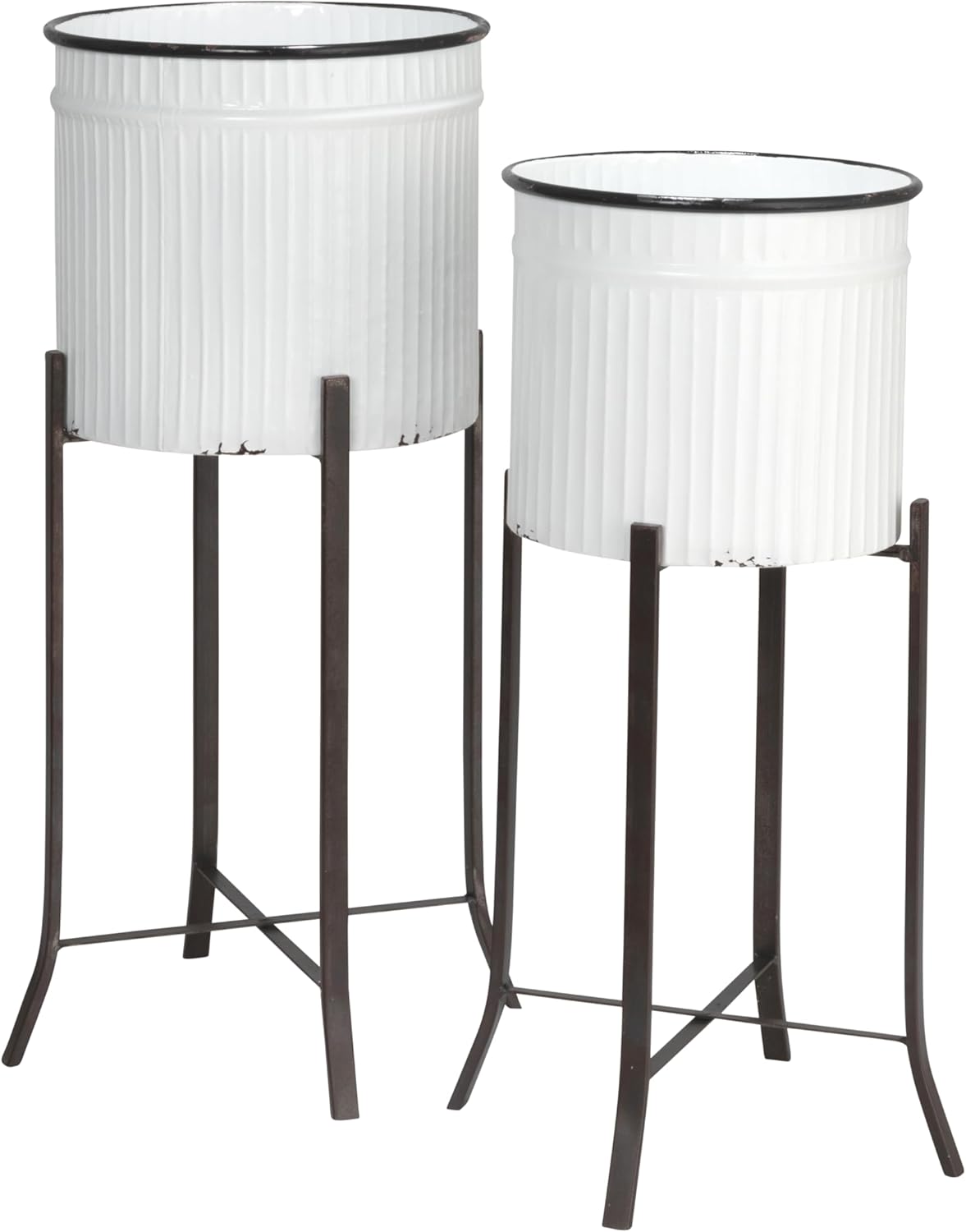 Creative Co-Op Round Corrugated Metal Planters on Stands, White and Black, Set of 2