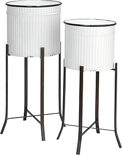 Creative Co-Op Round Metal Planters on Stands, White and Black, Set of 2