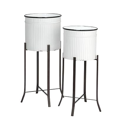 Creative Co-op Round Corrugated Metal Planters on Stands, White and Black, Set of 2