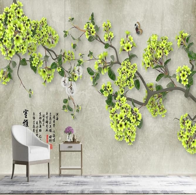 Photo murale style chinois fleurs et arbre | Papier peint 3D salon TV 250x175 cm