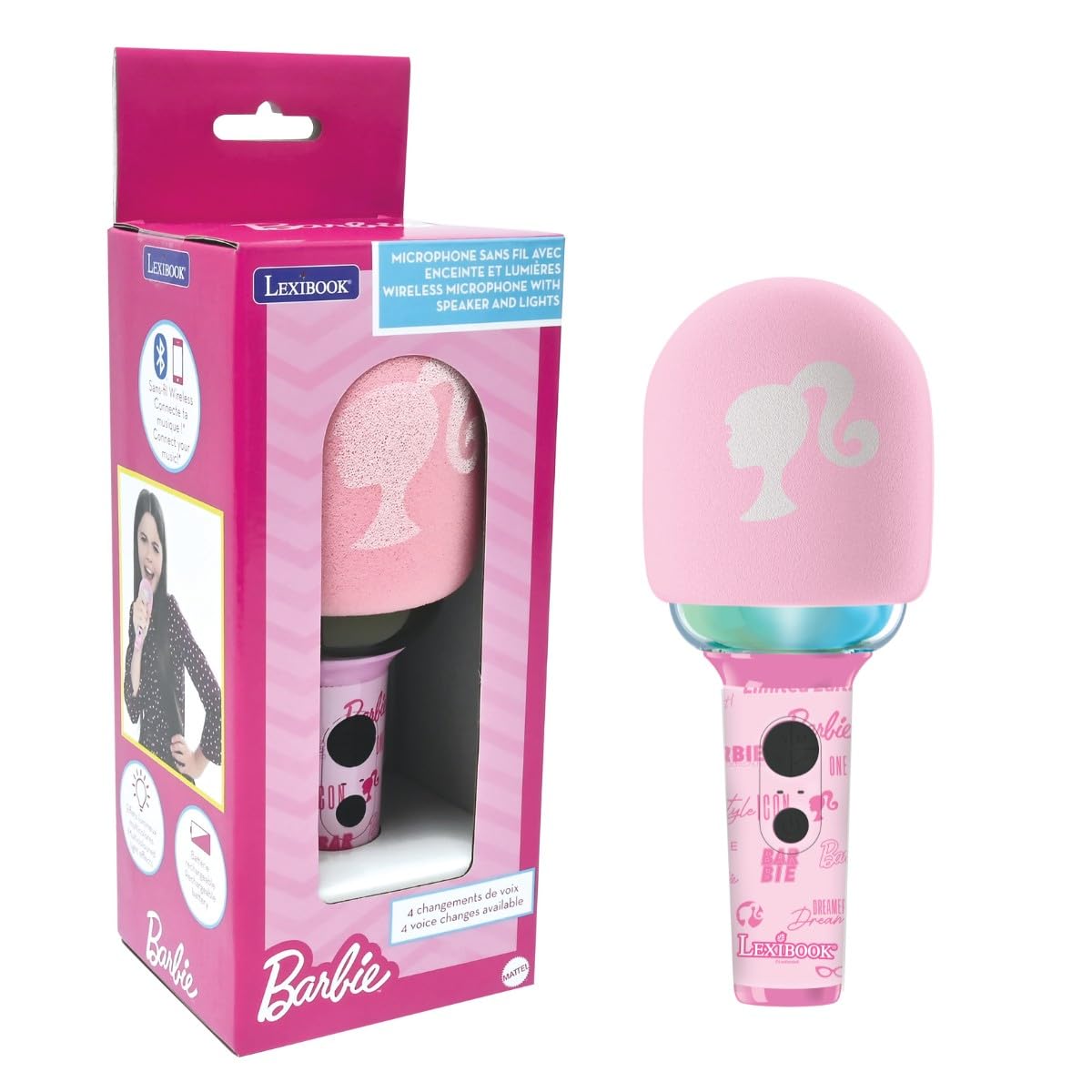 LEXIBOOK, Barbie, Wireless microphone with speaker and lights, 4 voice modifiers, Multicoloured light effects, Rechargeable battery, MIC280BBLXB