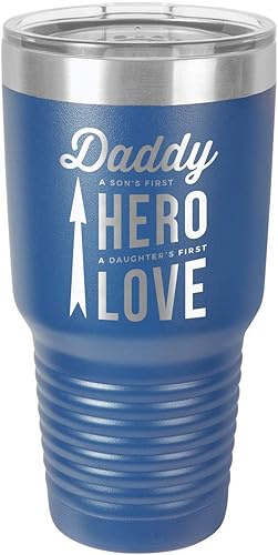 DADDY SONS FIRST HERO DAUGHTERS FIRST LOVE BLUE Vaso de bebida de 30 onzas con popote y tapa superior deslizante  Taza de viaje grabada con láser