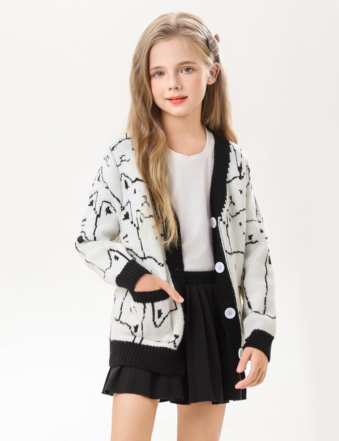 Arssm Girls Cat Print Cardigan Sweater Cute V-Neck Button Down Knitted Kawaii Cartoon Sweaters Oversized Outerwear - Image 3