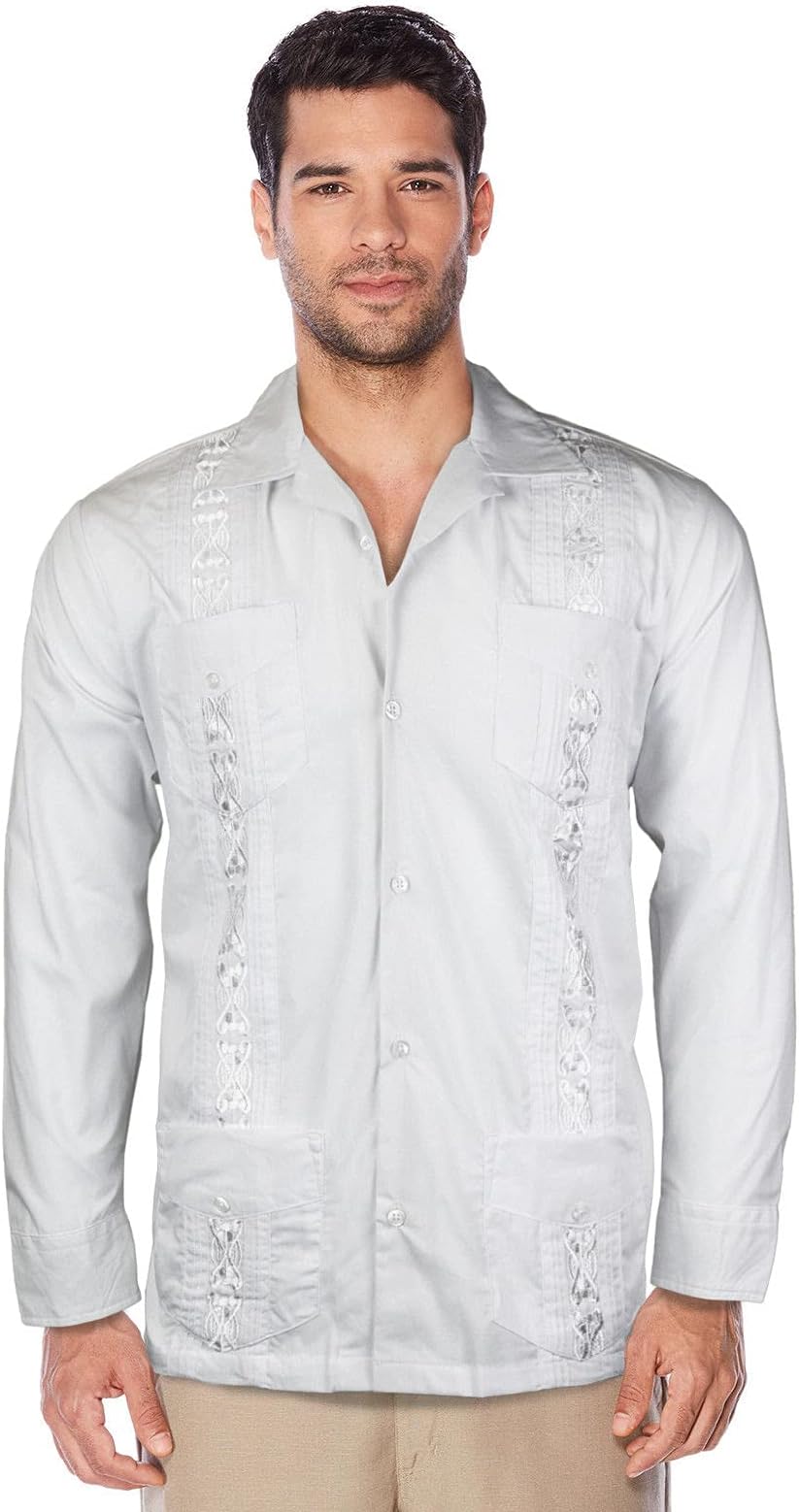 Guayabera Men's Cuban Beach Wedding Long Sleeve Button-up Casual Dress Shirt (White, 5XL)