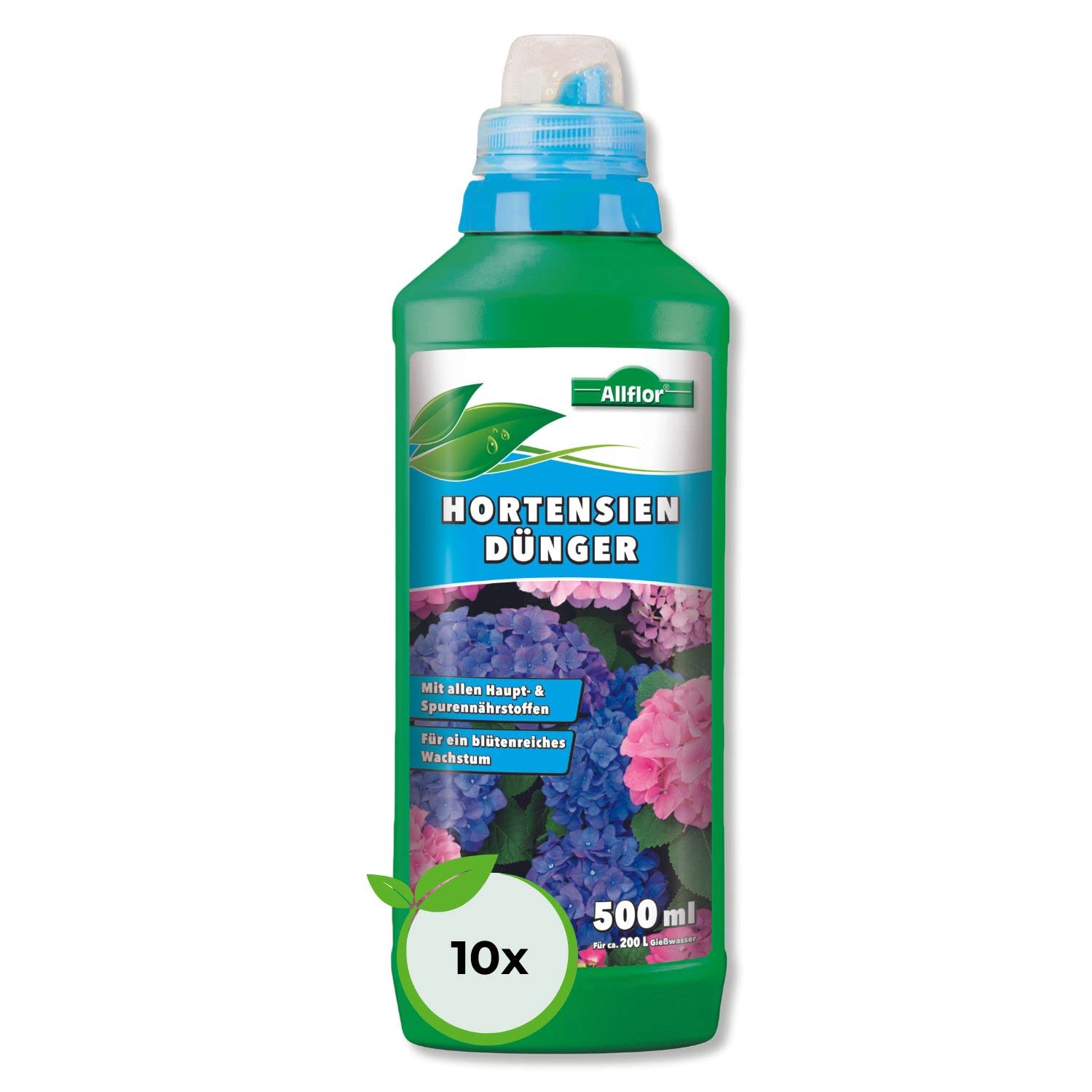Allflor Hortensiendünger I Rhododendron Dünger I Blumendünger flüssig I 10 x 500 ml I Fördert langanhaltende Blütenpracht bei Zimmer- & Balkonpflanzen I Flüssigdünger
