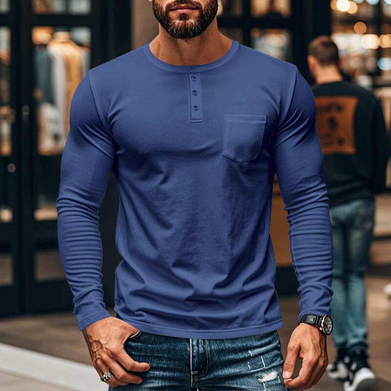 Men's Henley Shirts Long Sleeve Button T-Shirt Fashion Casual Slim Fit Tees with Pocket