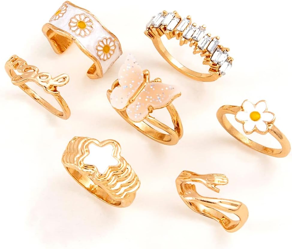 Latest Stylish Y2k Gen Z Chunky Finger Rings for Women and Girls - Set of 7 (14173r) Golden