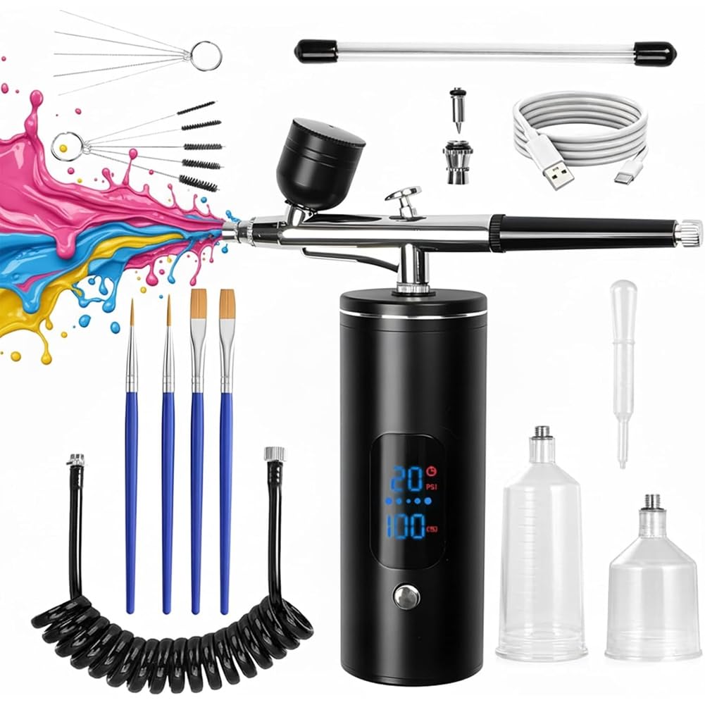 NONDK Air Compressor Included Airbrush Kit, 48 PSI High-Pressure Cordless Airbrush, 6000mAh Rechargeable Battery, for Painting,Models Cake