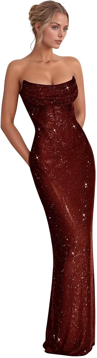 Monlity Sequin Prom Dresses Strapless Bodycon Evening Gowns Maxi Formal Party Dress