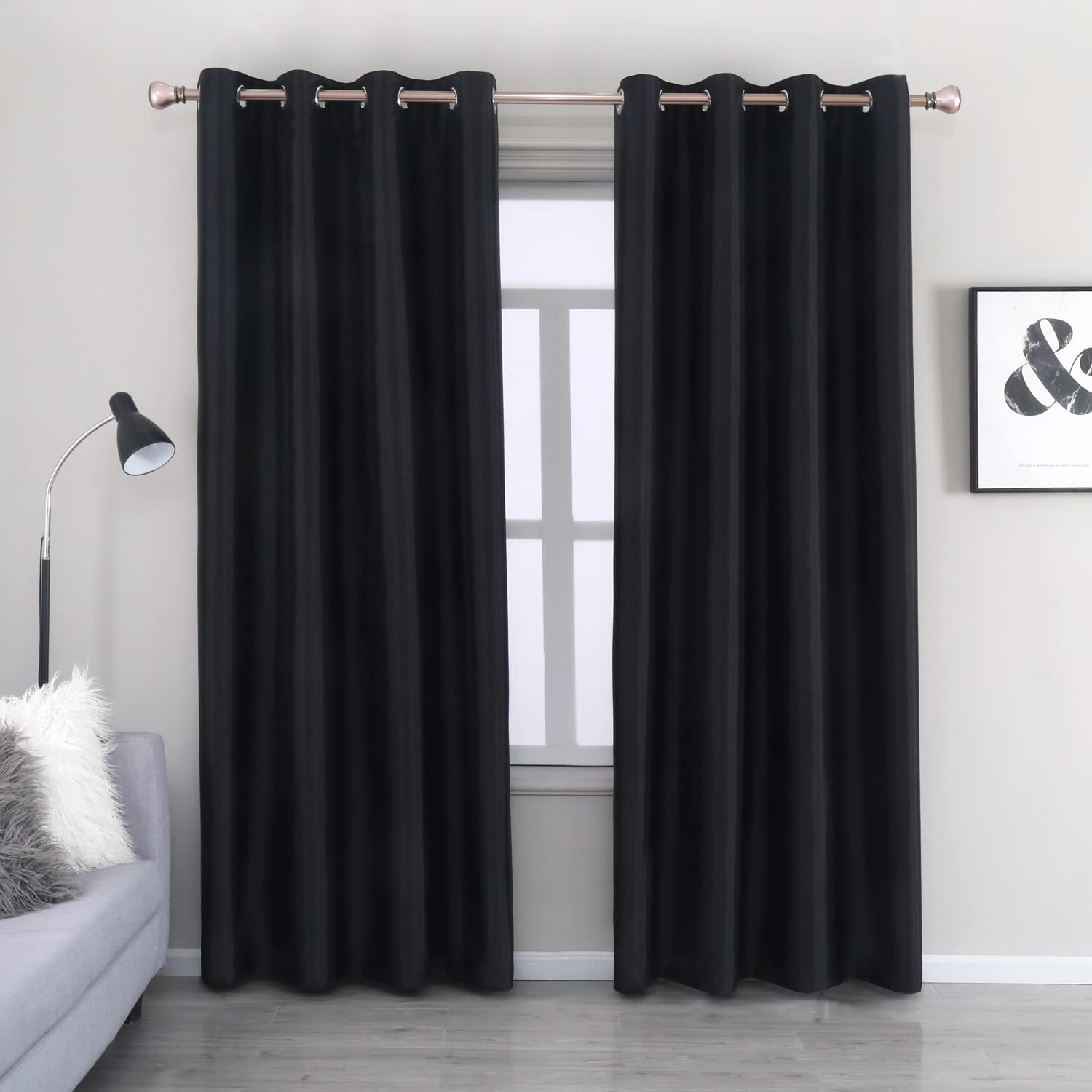 GYROHOME Faux Silk Blackout Curtains with Black Liner, Solid Window Treatment Drapes for Bedroom Living Room, Eyelet Thermal Insulated (2Panels, 66x90inch,Black)
