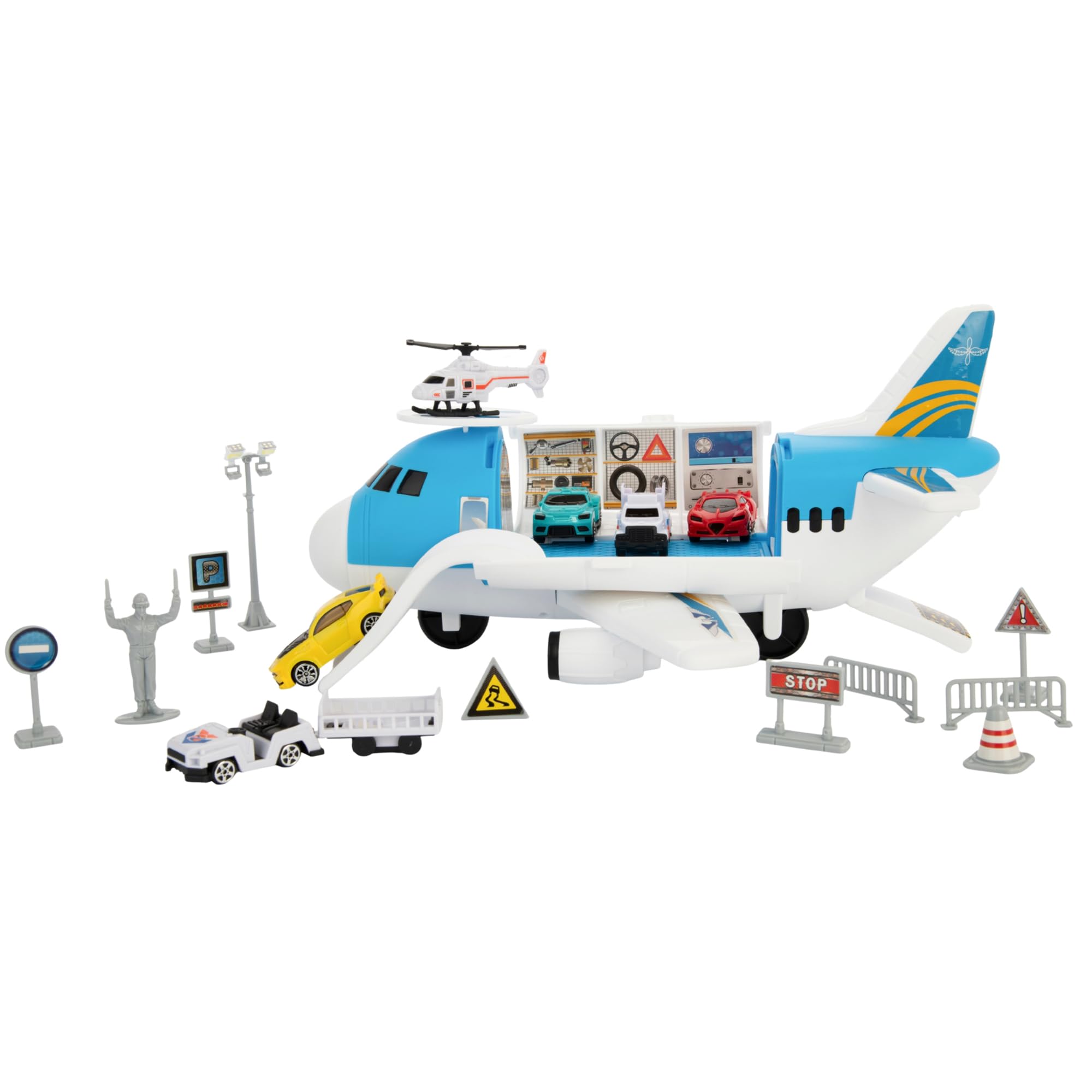 Teamsterz Metro City Flugzeug-Transporter | Frachtflugzeug Spielset mit Autos | Spielzeugflugzeug mit 16 Zubehörteilen: Spielzeugautos & Spielzeughubschrauber | Autotransporter mit Aufbewahrung & Ramp