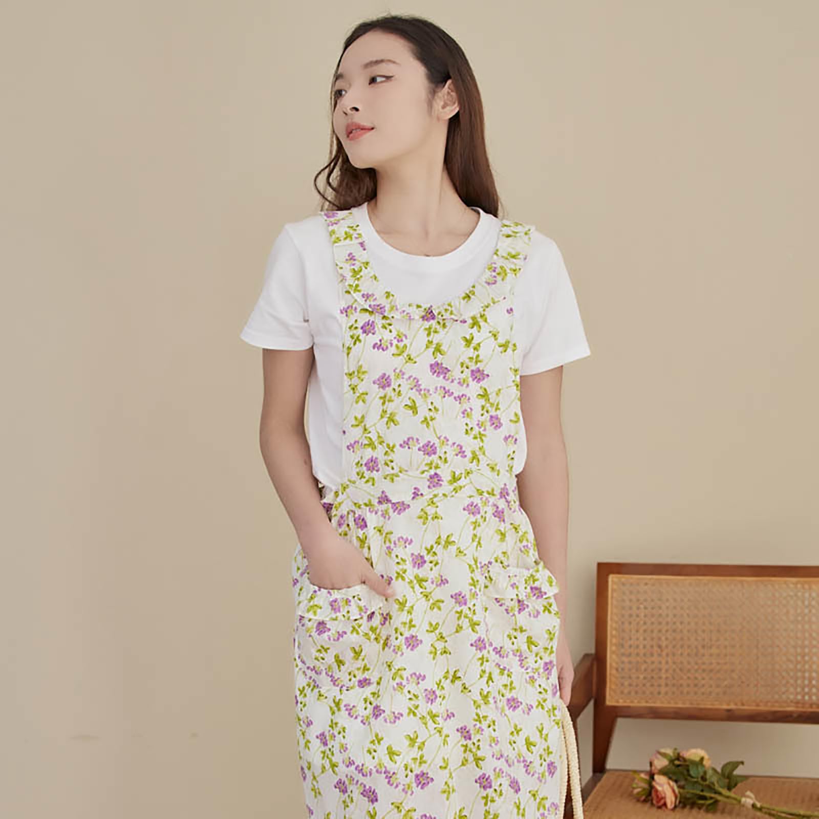 Delantal De Algodón para Mujer, Lindo Delantal Estampado, Delantal De Cocina Ajustable con Espalda Cruzada Y Bolsillos,One Size,White