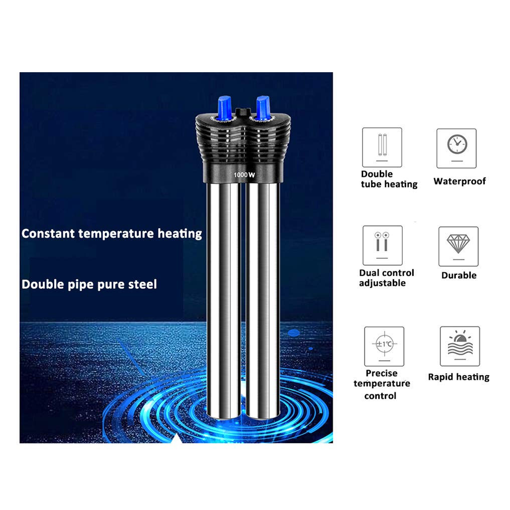 Calentador de acuario sumergible de doble tubo de 1000 W con termostato de perilla de ajuste, calentador de tanque de peces de agua dulce para un control preciso de la temperatura