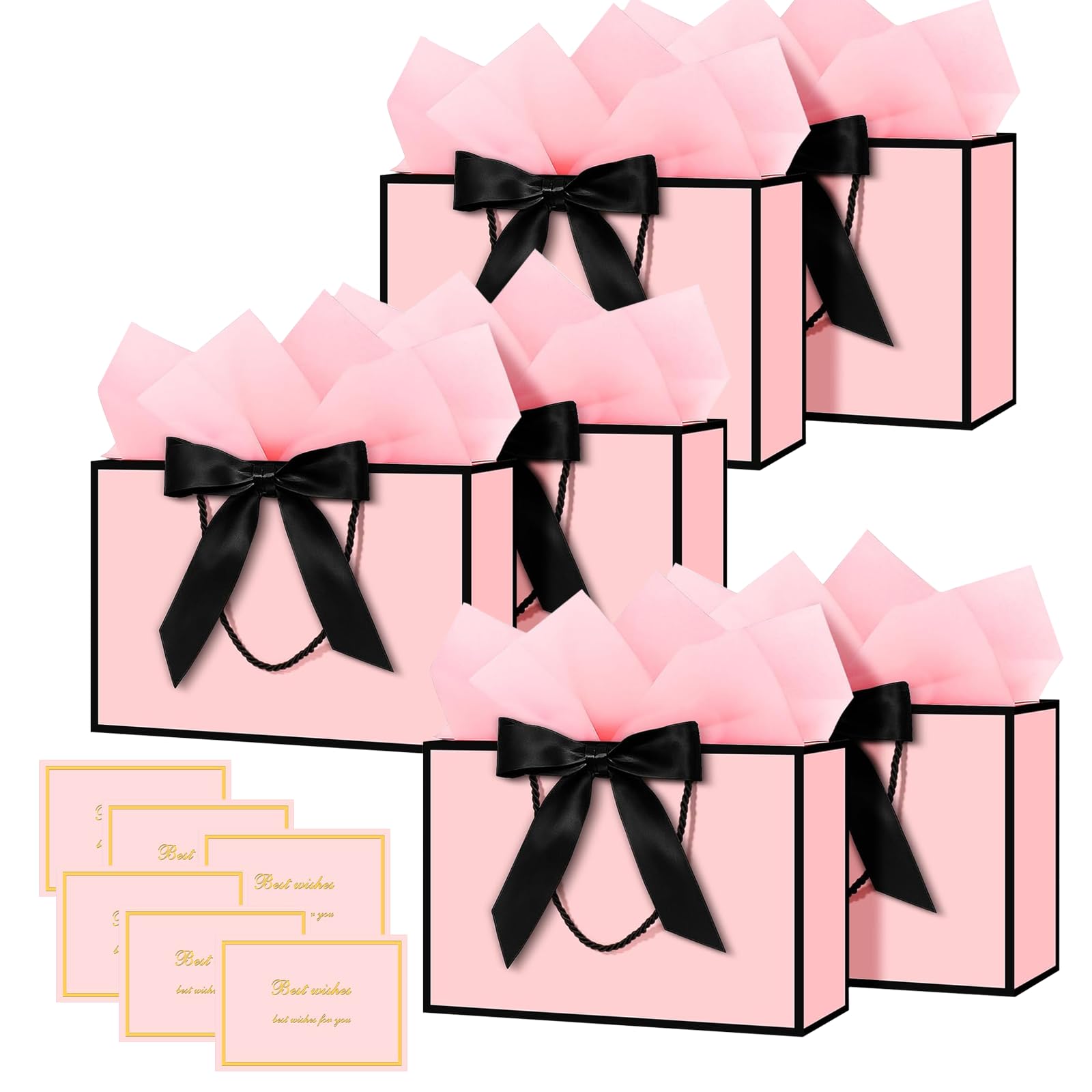 Medium Gift Bags for Present 6 Pcs Birthday Gift Bags with Tissue Paper and Cards,Luxury Paper Bags with Handle for Birthdays Valentines Christmas Wedding Baby Shower Bridesmaid Party (Pink)