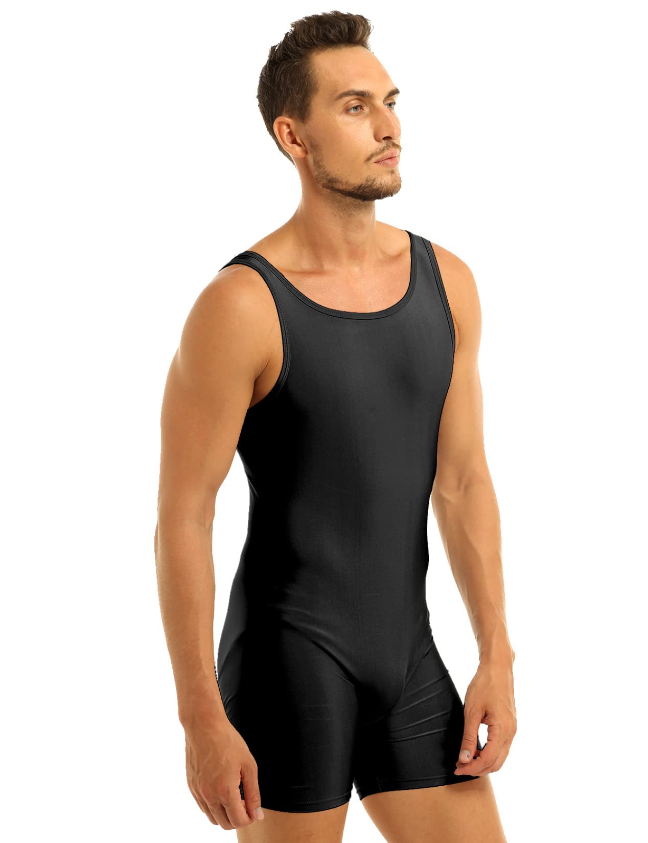 Daenrui Mens One Piece Wrestling Singlet Sports Bodysuit Stretchy Gymnastic Leotard Tank Jumpsuit Unitard Black Large
