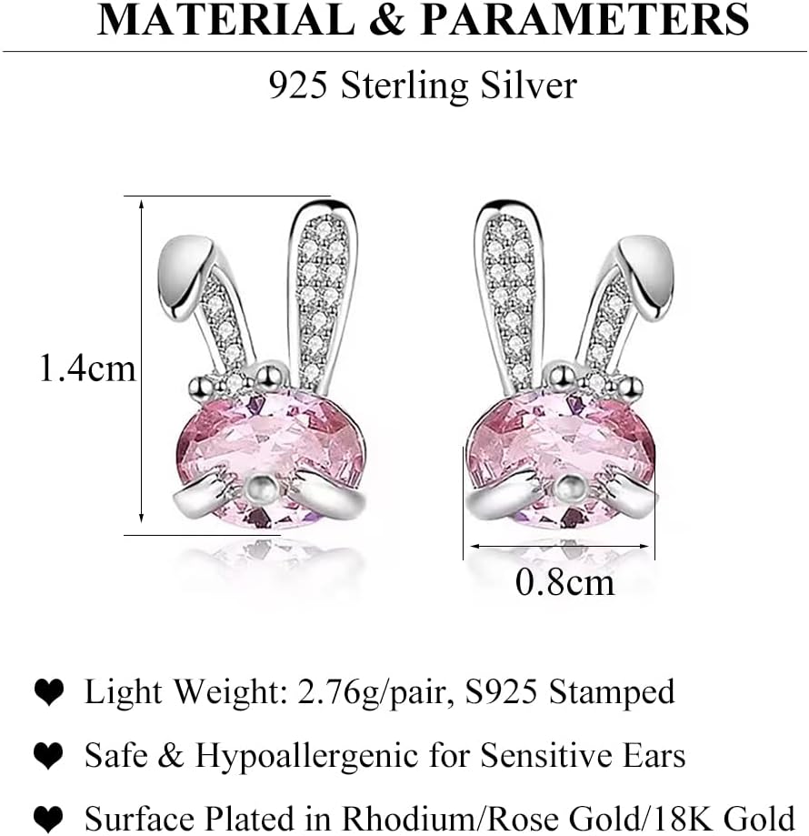 SLUYNZ Solid 925 Sterling Silver Pink Rabbit Earrings Stud for Women Teens CZ Bunny Stud Earrings - Image 6