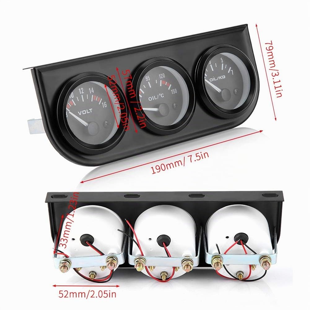 Kit de Jauges de Voiture 3 en 1, 52mm Lunette Température de L'eau Manomètre à Huile Voltmètre pour Les Voitures de 12V