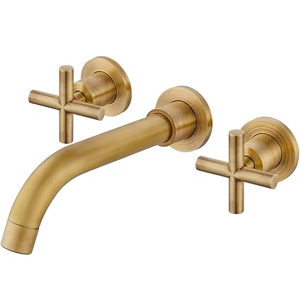 Airuida Solid Brass Antique Brass Widespread Wall Mount Bathroom Faucet with 360 Swivel Spout Wall Mounted Lavatory Faucet Double Cross Handles Vanity Sink Mixer Tap with Rough in Valve