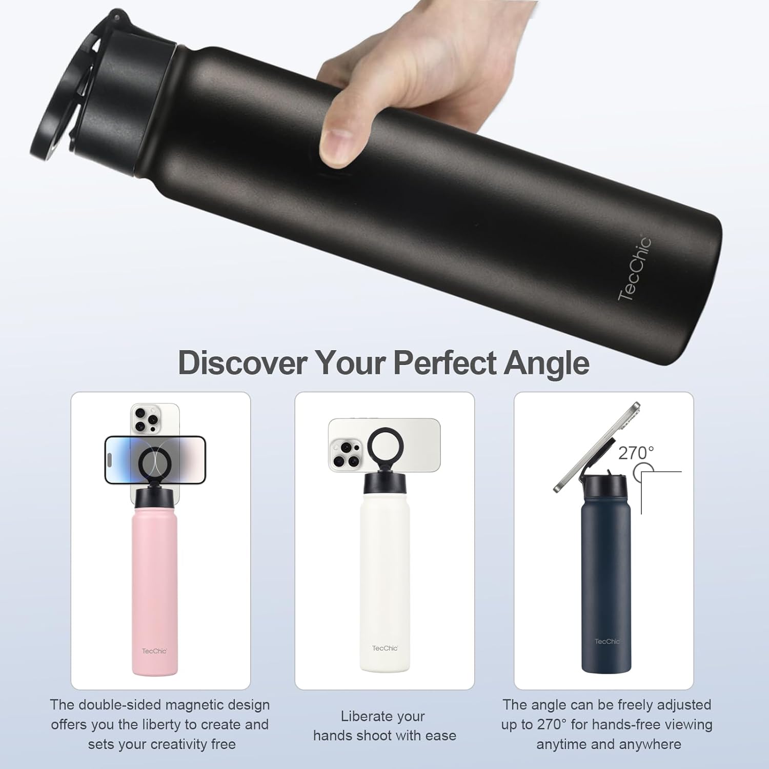 Insulated Water Bottle with Magnetic Phone Holder Compatible with MagSafe and iPhone,Double-Sided Magnet,Hot 12H Cold 24H,Stainless Steel Water Bottle Phone Mount for Sports Travel,24oz (Pink) - Image 3