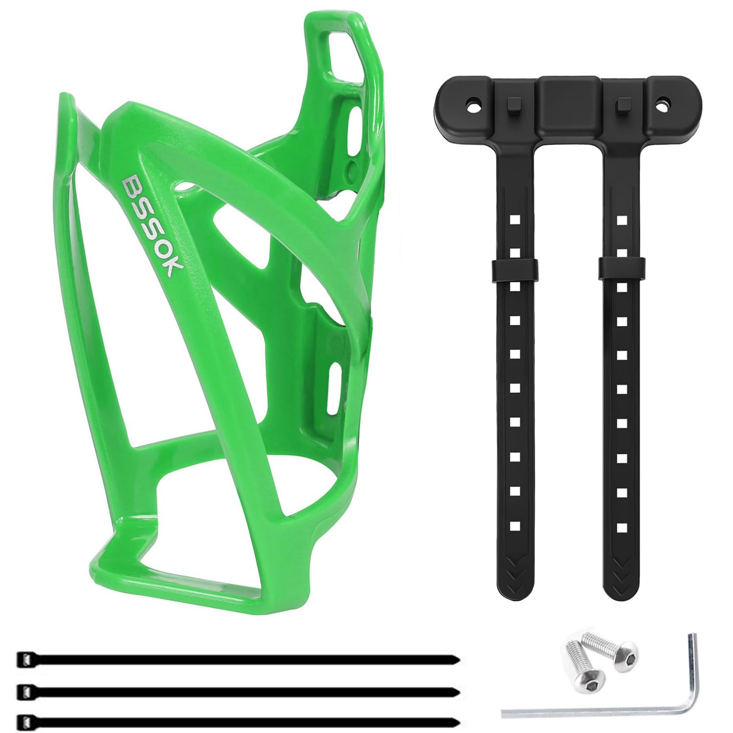BSSOK Plastic Bicycle Bottle Holder, Water Bottle Holder, Lightweight, Durable PC Drink Holder for Bicycle, MTB, Road Bike (Green Holder + Black Mounting Seat)