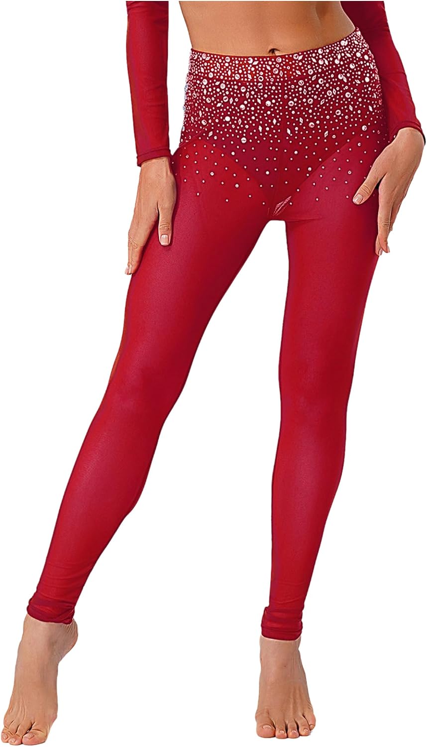 Shinsto Women's Glittery Rhinestone Dance Pants High Waist Trousers Gymnastics Yoga Workout Leggings