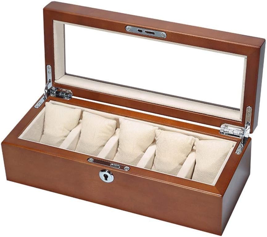 Jewelry Box Watch Case for Men 5 Slot with Glass Top Solid Wood Watch Storage Organizer Display Box, Best Present for Birthday,Wedding, and New Year (Color : E)