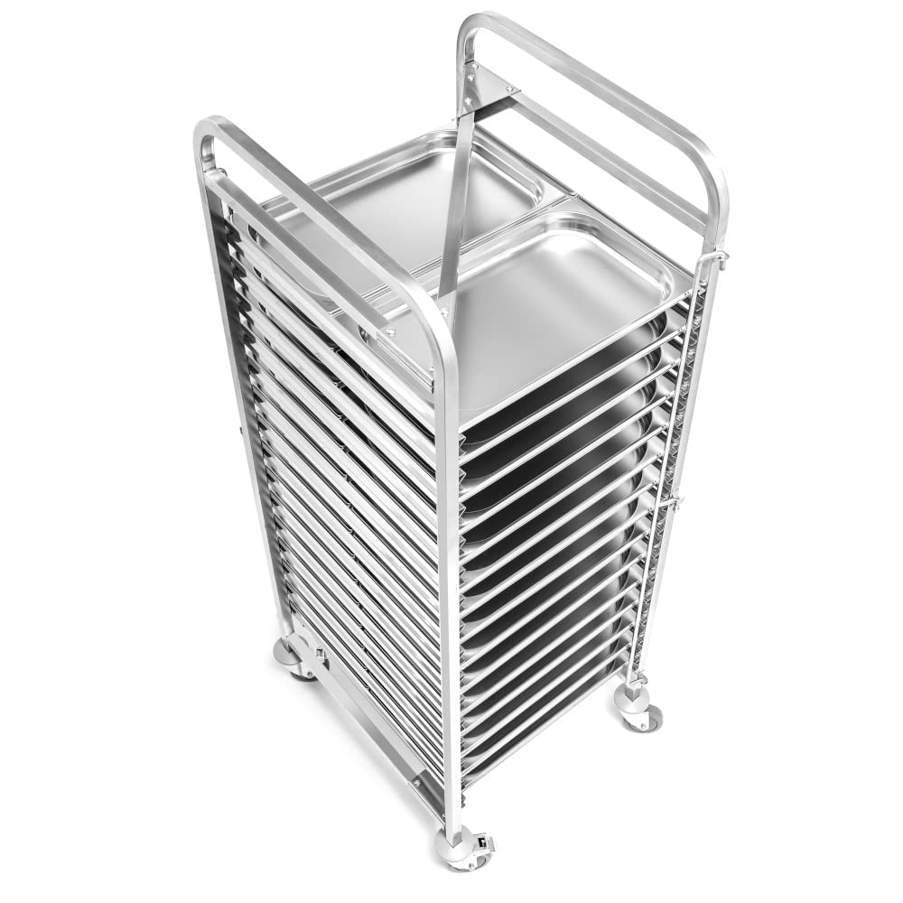 Edelstahl Servierwagen für GN-Behältern | Fasst 15x GN 2/1-Behälter | 59x67x170cm | Transportwagen |Küchenwagen auf Rollen | Stahlgestell für Restaurant, Hotel, Schul