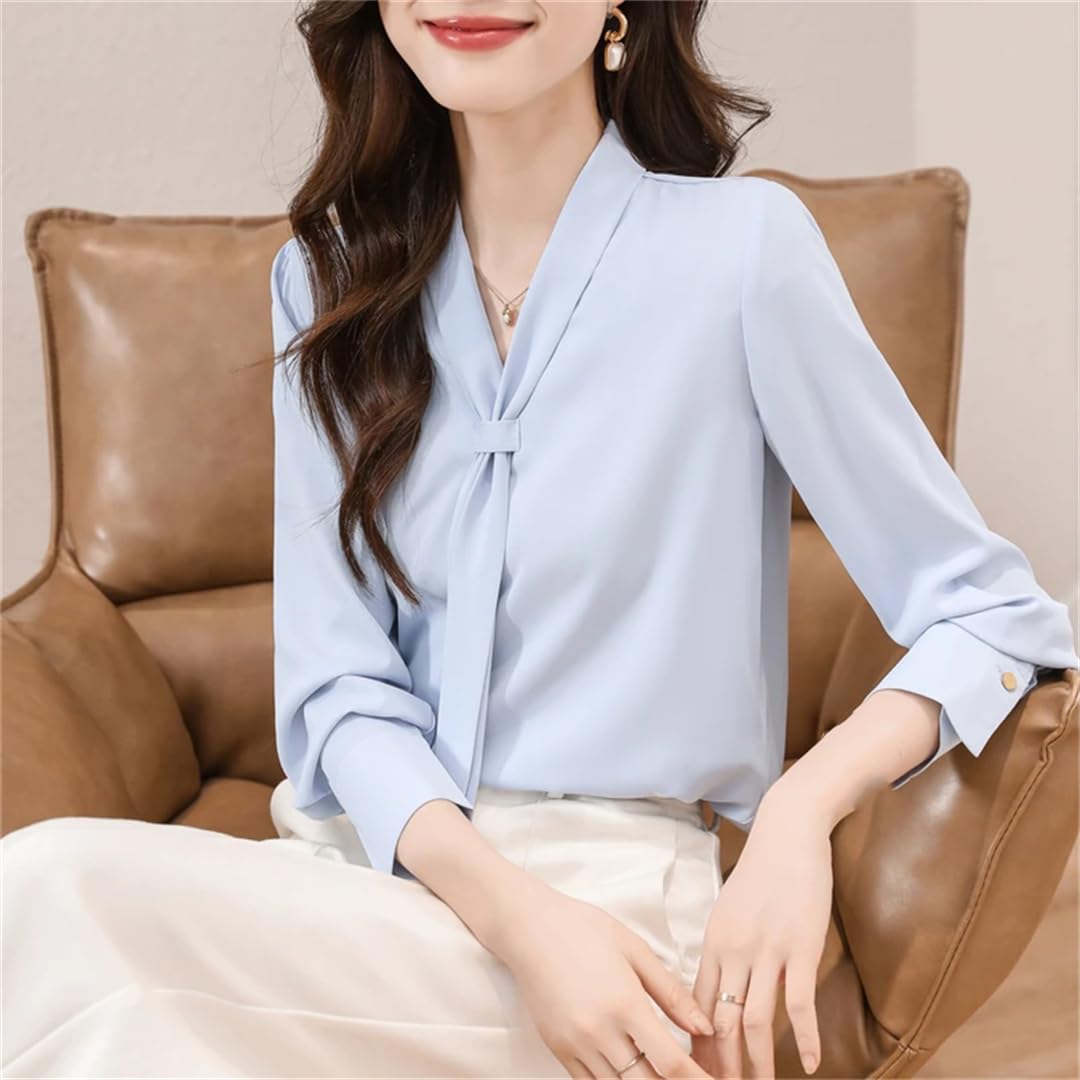 Camicia da donna in chiffon, con scollo a V, a maniche lunghe, autunnale, con fiocco