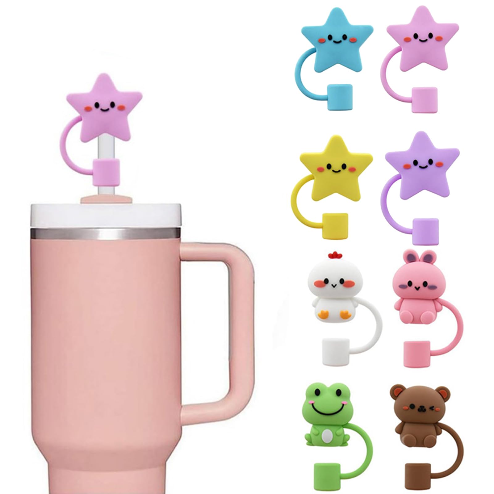 4/8 coperture riutilizzabili in silicone per cannucce, con animali, stelle, tappi antipolvere per cannucce, coperchi per bicchieri, beccucci per cannucce, idea regalo per la famiglia