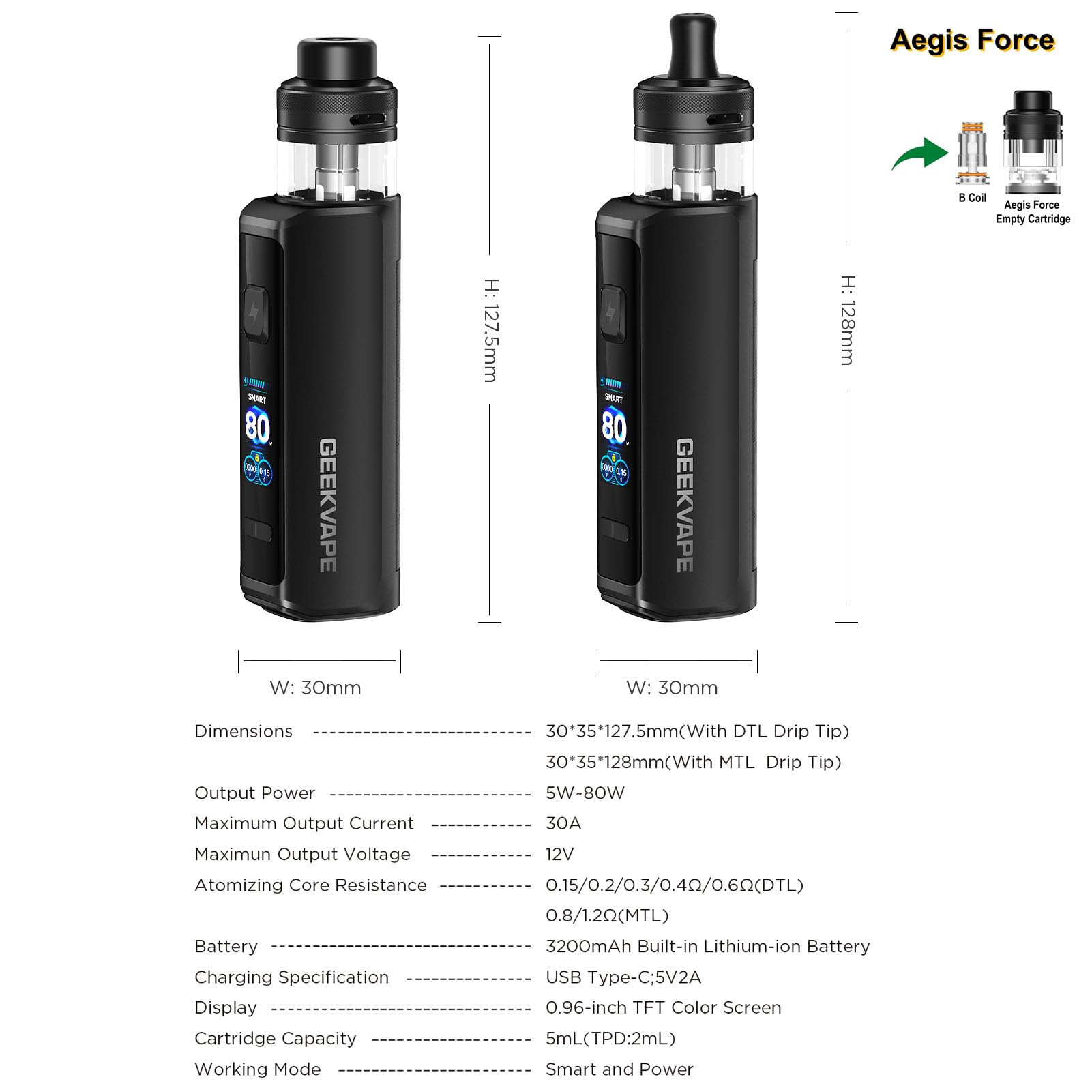 GEEKVAPE Aegis Force Kit 80W Box Mod Built in 3200mAh Battery 5ml Aegis Force Cartridge fit B Coil E Cigarette MTL/DTL vape Kit use for Freebase/Nicsalts (Nero carbone)