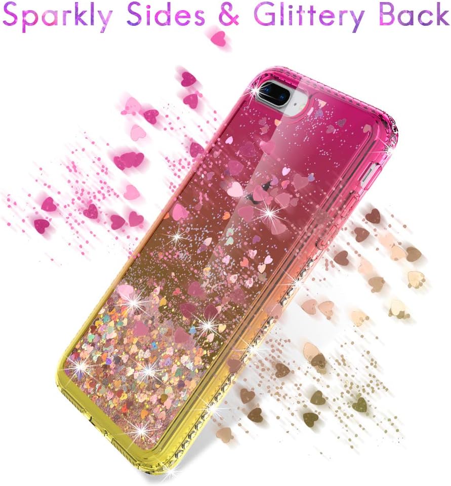 HATOSHI iPhone 7 Plus, 8 Plus Phone Case with Screen Protector Tempered Glass 2 Pack for Girls Women, Floating Glitter Sparkle Bling Diamond Clear Cute Cover Case for iPhone 7 Plus, 8 Plus - Pink, Gold