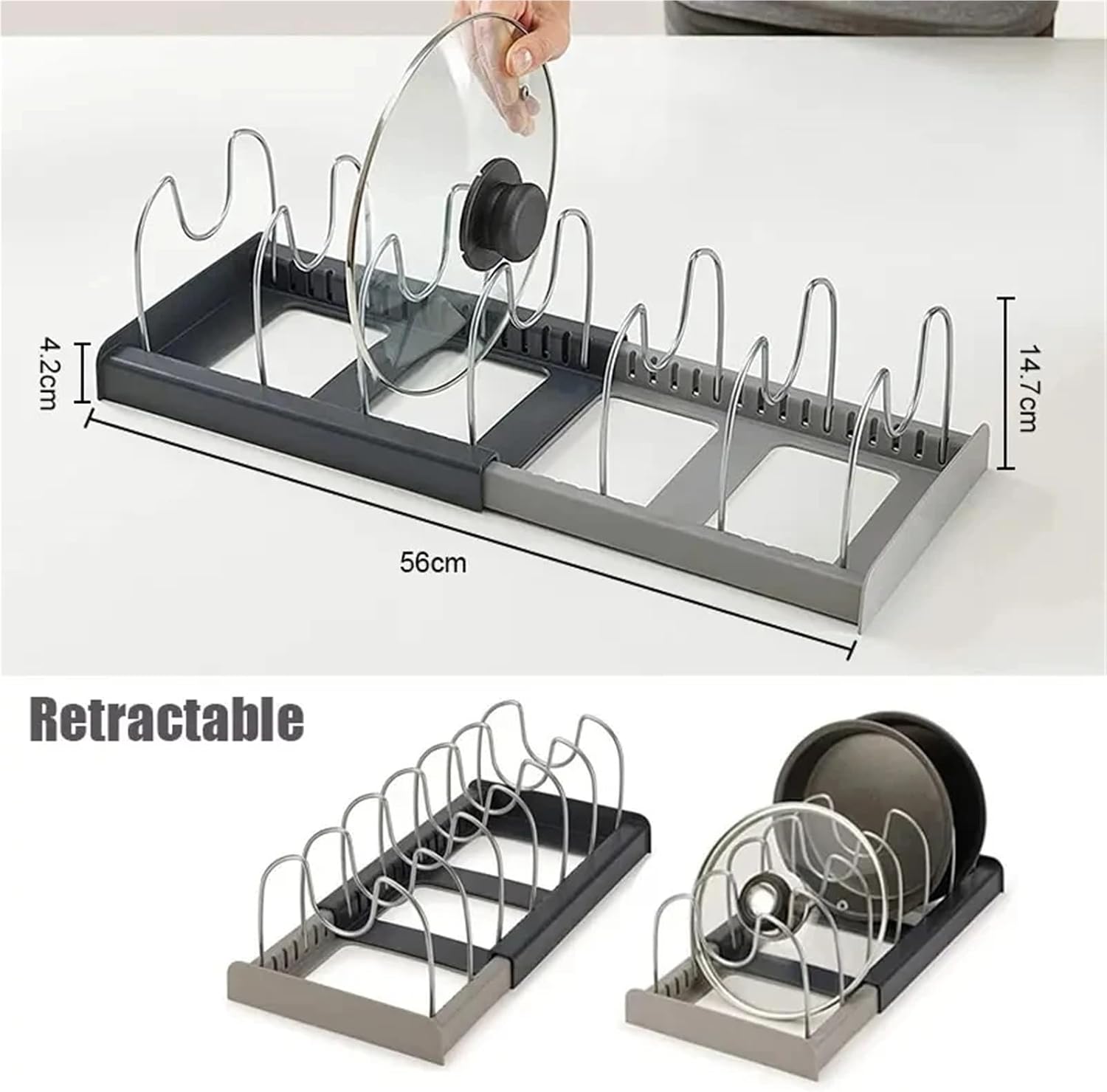 Expandable Stainless Steel Storage Rack Kitchen Cabinet Holder for Pan Pot Lid Cutting Board Drying Cookware Dish Rack Organizer