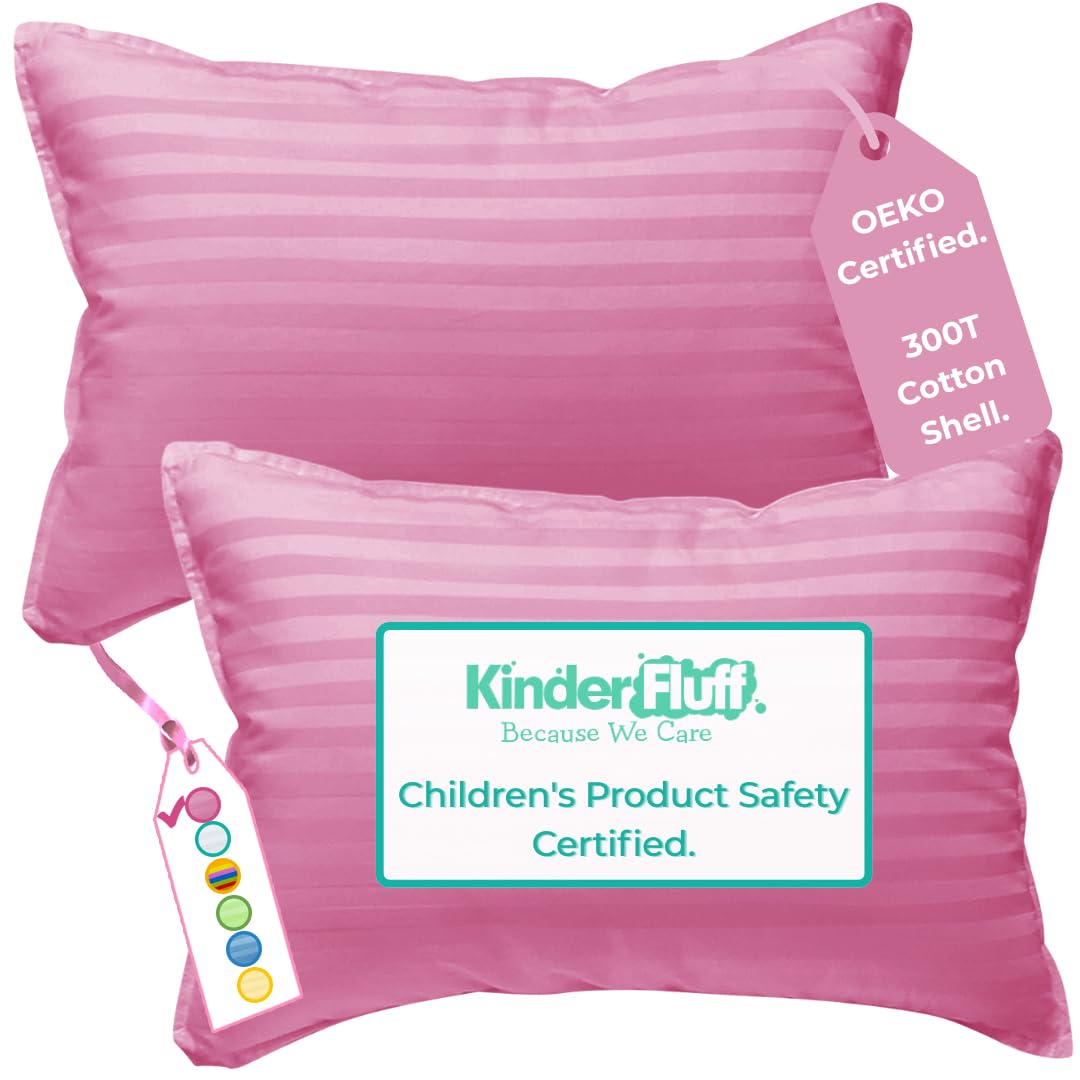 kinder Fluff Children Pillows (2pk) - The only Pillow 300T Soft Cotton & Down Alternative Fill - Hypoallergenic & Machine Washable. Ideal XS Pillows for Children Bed & Travel Pillow (33x46cm- Pink)