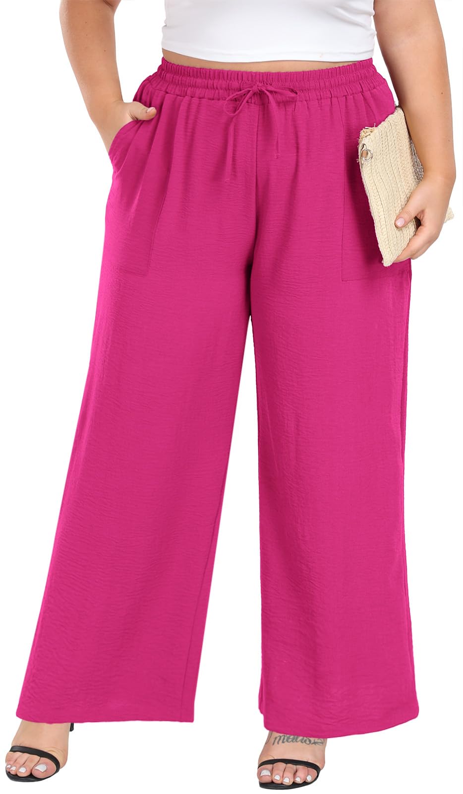 Lastshe Womens Plus Size Wide Leg Pants High Waist Loose Casual Palazzo Trousers with Pockets Spring Clothes