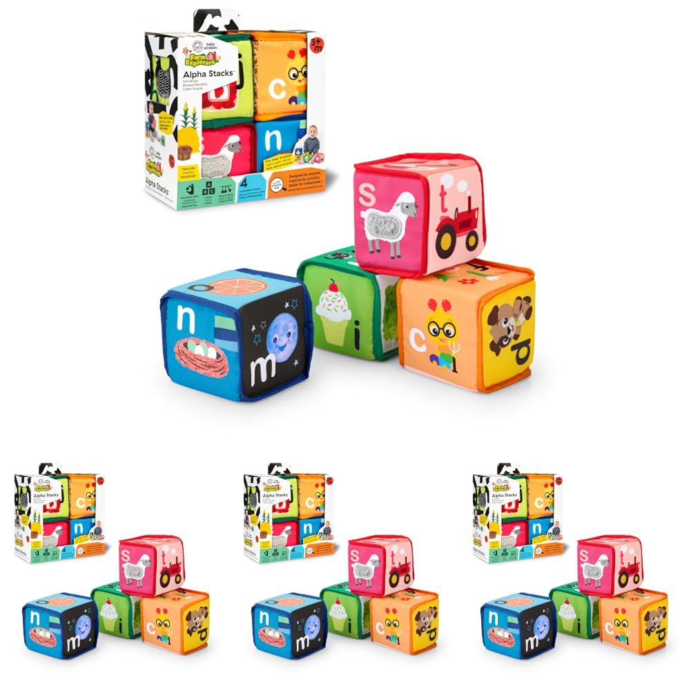 Baby Einstein Alpha Stacks Baby Learning Blocks, Soft, Multisensory Stacking Toys with Letters A-Z, Animals, Colors &amp; Textures, Set of 4, Ages 3 Months+, 3.5 inches (Pack of 4)