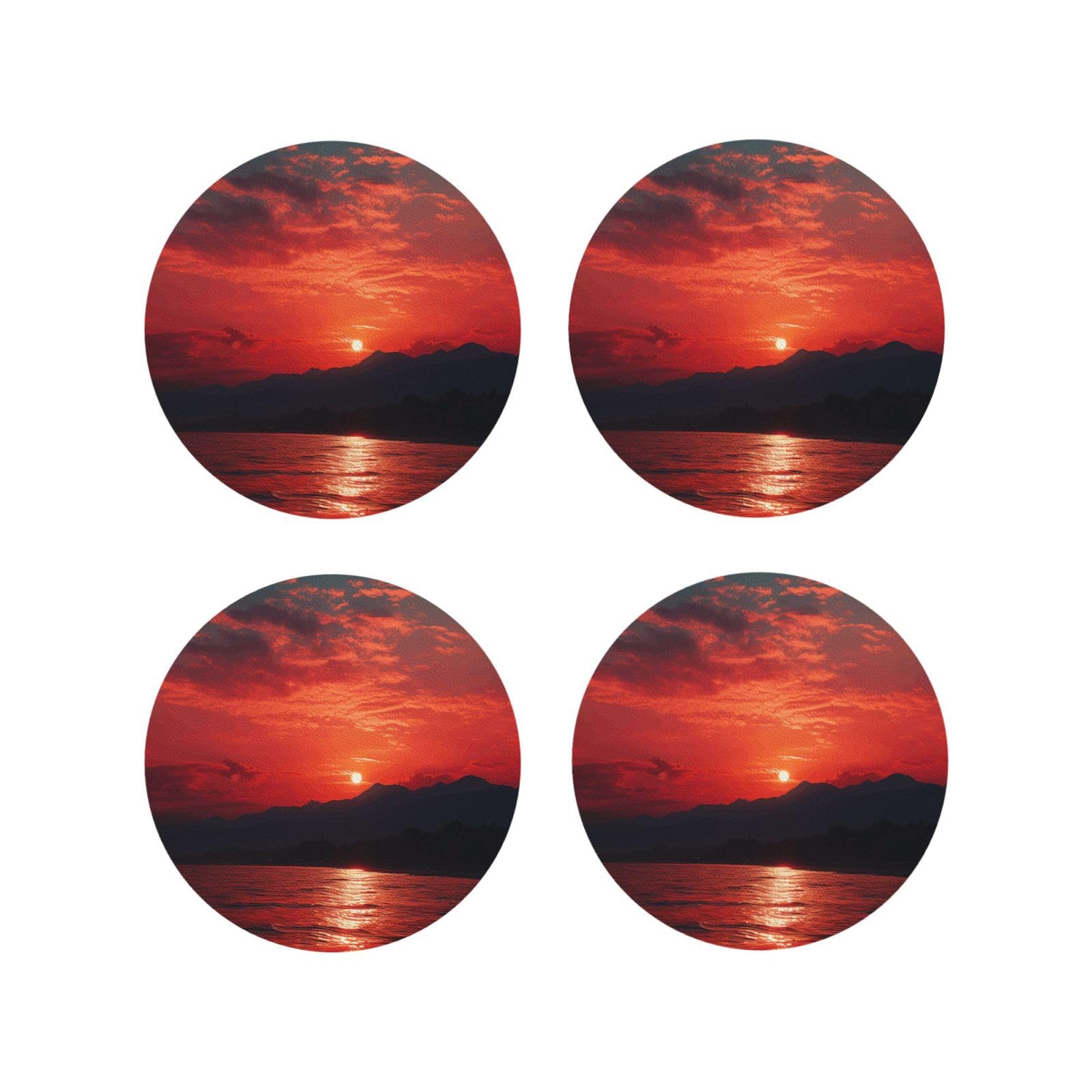 4pcs Drink Coasters for Tabletop Protection, 4" Leather Coasters for Drinks, Fiery Red Sunset Cup Coasters for Coffee Table Decor, Non-Slip Drinking Cup Mat for Hot Or Cold Drink