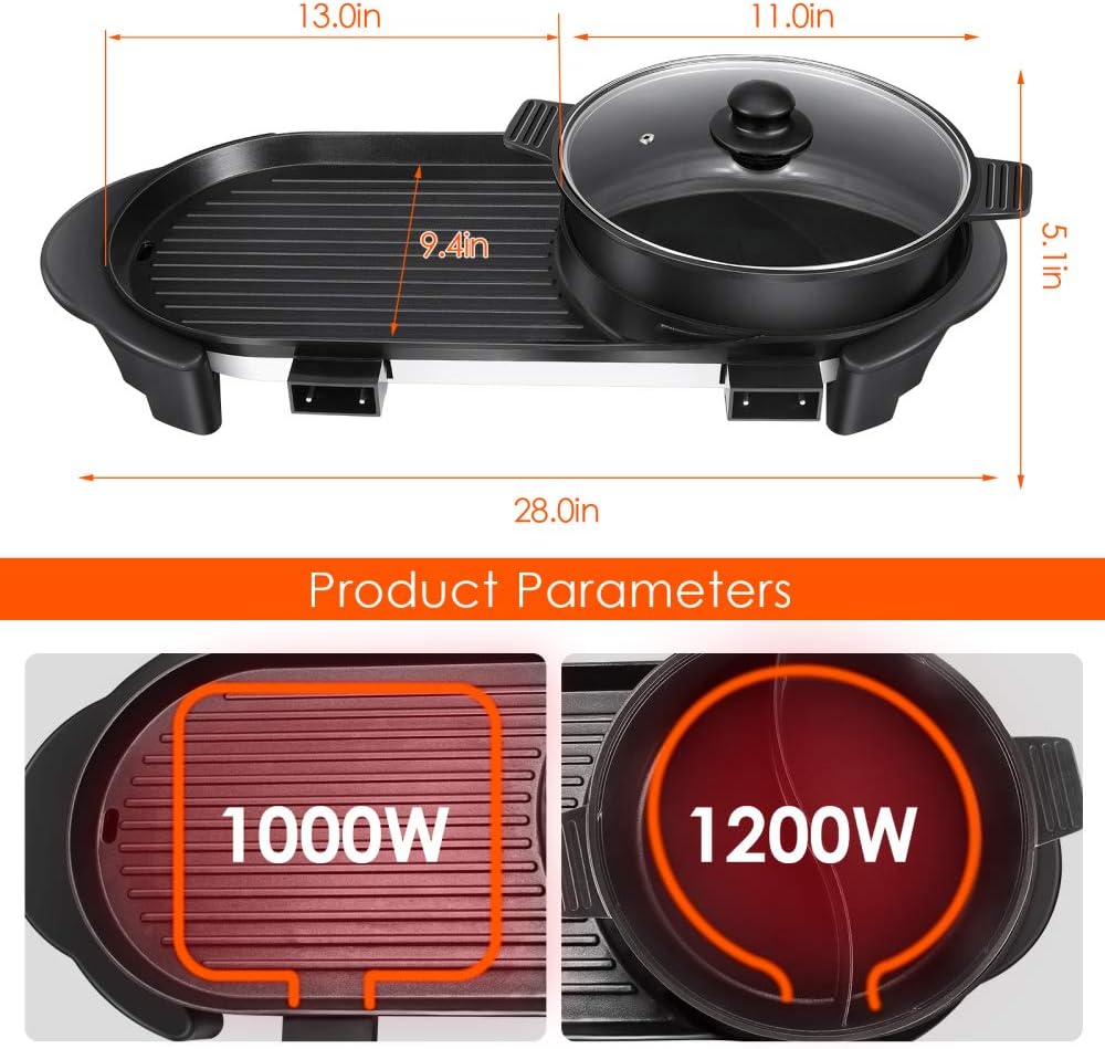 Creative Product S SMAUTOP Electric Grill and Hot Pot Combo, Indoo Grill and Shabu , Large Capacity Multifunctional Non-Stick Pan with 5 Temperature Adjustments for Home Party Outdoor