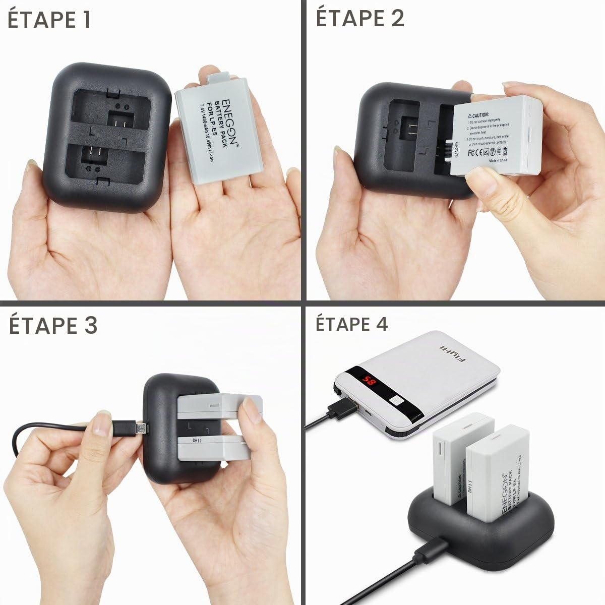 ENEGON 2xCanon LP-E5 Batterie de Remplacement et Chargeur Double Rapide pour Canon LP-E5 et Canon EOS Rebel XS, Rebel T1i, Rebel XSi, 1000D, 500D, 450D, Kiss X3, Kiss X2, Kiss F