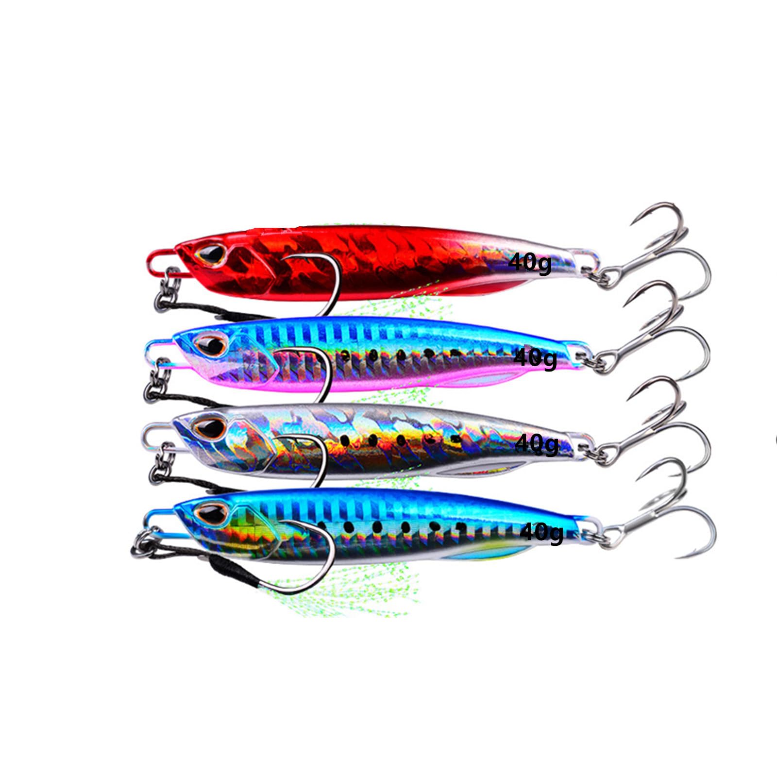 4pcs Hard Metal Sea Fishing Spinners,Fish lure Jigs Slow Shake Fish Bait Luminous Belt Sinking Lures for Wobbler Pike Carp Trout Perch Squid Catfish Fishing Baits (BlueA-BlueB-sliver-red, 40, Grams)