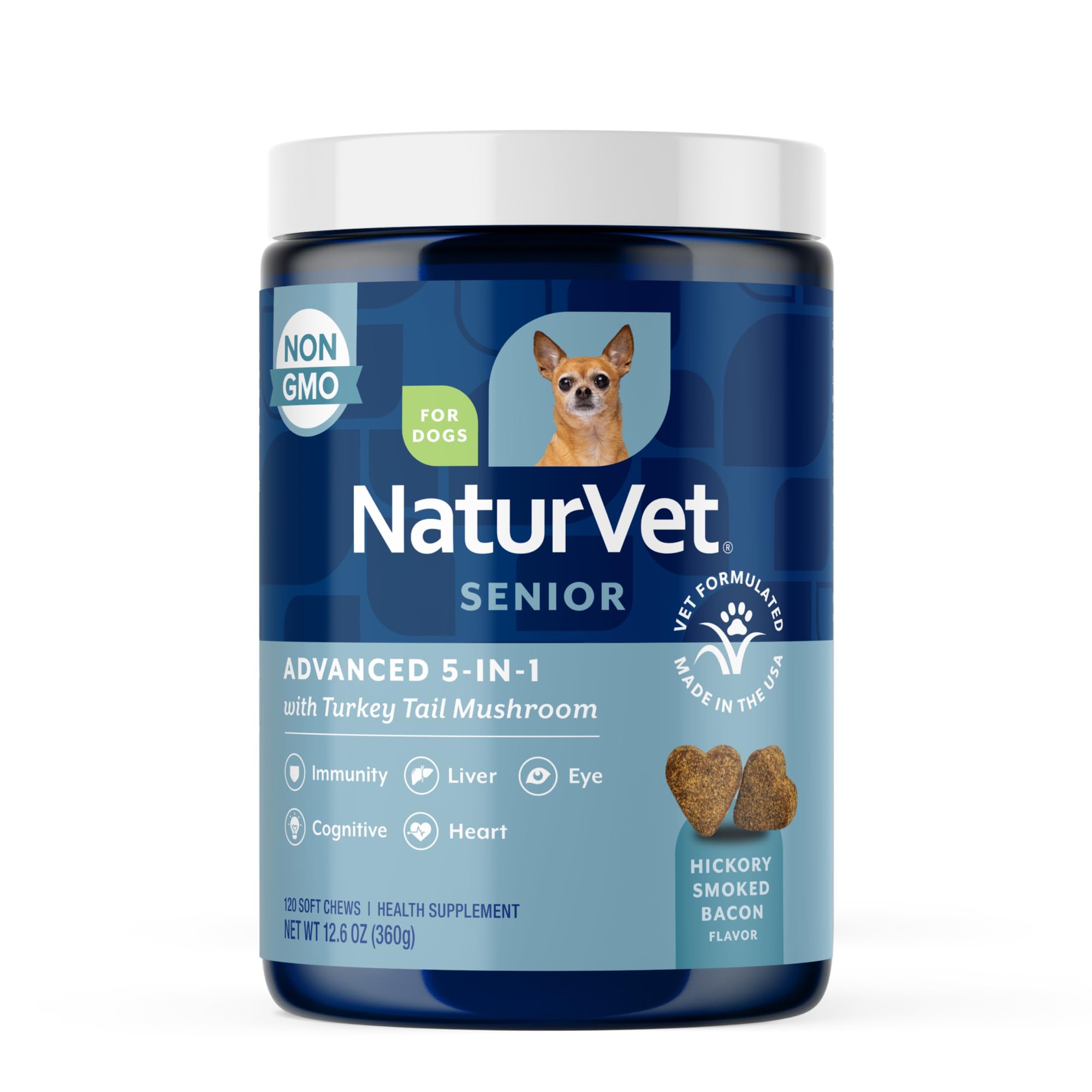 NaturVet Senior Advanced 5-in-1 Support Dog Supplement – Helps Support Immune System, Heart, Liver, Cognitive Function, Eye Health – Includes Ginkgo Biloba, Lutein – 120 Ct.