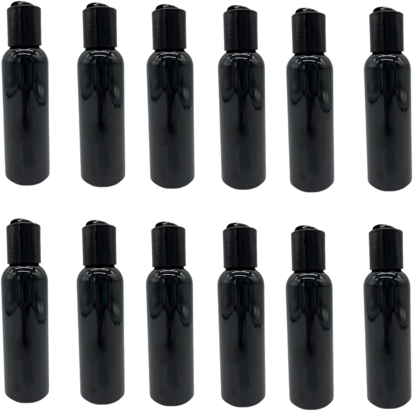 Natural Farms 2 oz Black Cosmo Plastic Bottles -12 Pack Empty Bottle Refillable - BPA Free - Essential Oils - Aromatherapy | Black Disc Caps - Made in the USA