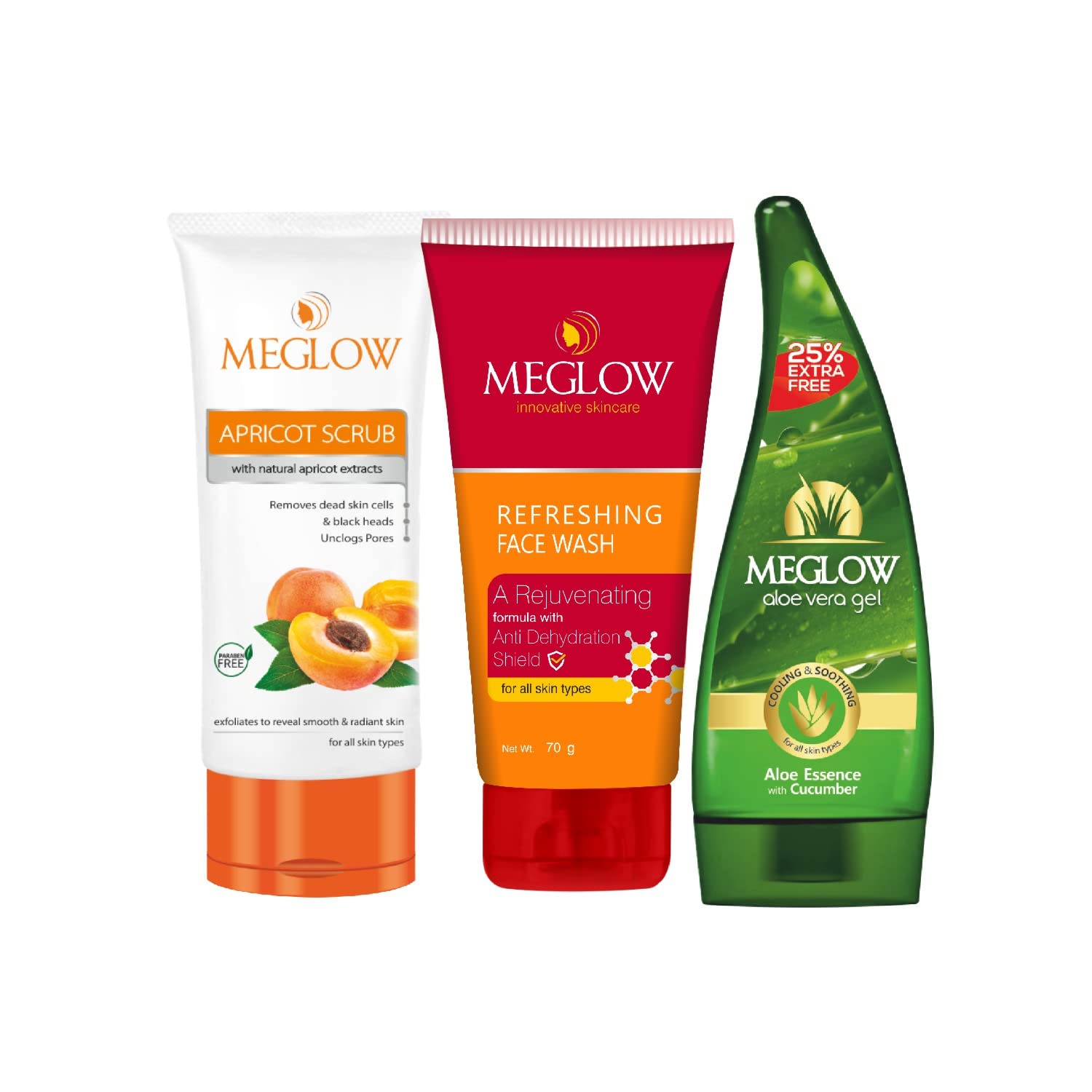 Skincare Combo Pack of 3- Refreshing Facewash(70g) || Apricot Scrub(70g) With Natural Apricot Extracts || Aloevera gel(125g) Enriched with Aloevera and Cucumber || For Smooth and Nourished Skin
